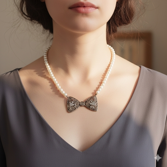 Vintage Pearl ribbon necklace - Picture 1 of 4